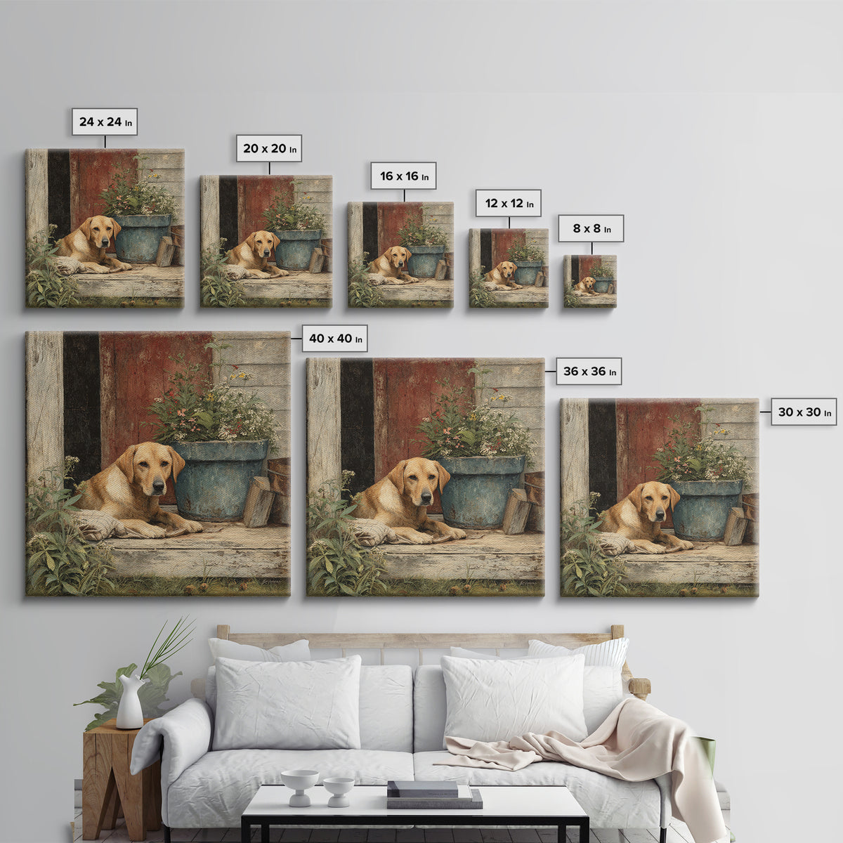 Dog Resting Beside a Porch Flower Pot Framed Canvas Print, Country Art, Landscape Painting, Farmhouse Decor, Oil Painting, COU-1x1-46