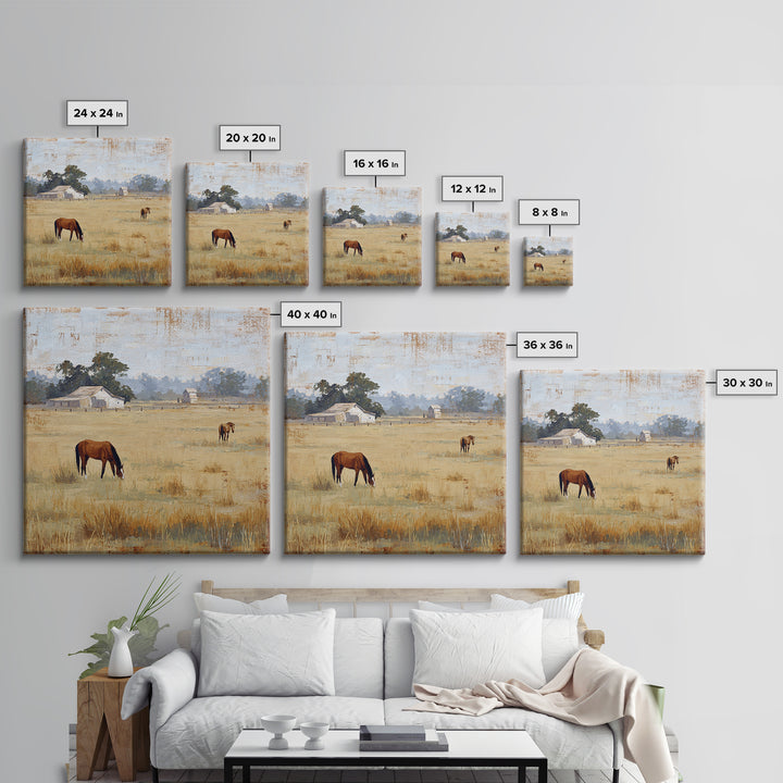 Rolling Pasture with Grazing Horses at Sunrise Canvas Print, Country Art, Neutral Decor, Farmhouse Decor, Fine Art, Country, COU-1x1-49