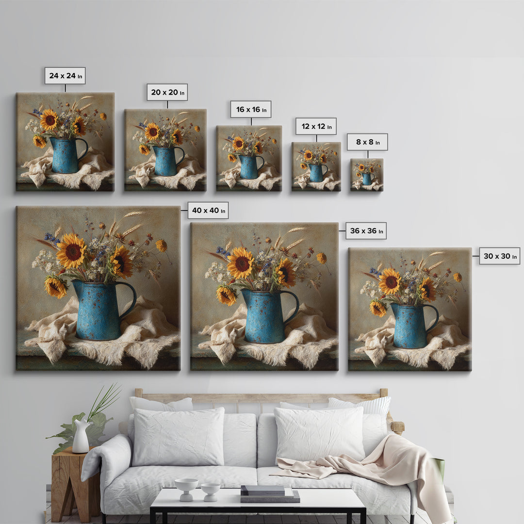 Sunflowers in a Blue Enamel Pitcher Framed Canvas Print, Country Art, Digital Wall Art, Farmhouse Decor, Fine Art, Country, COU-1x1-56