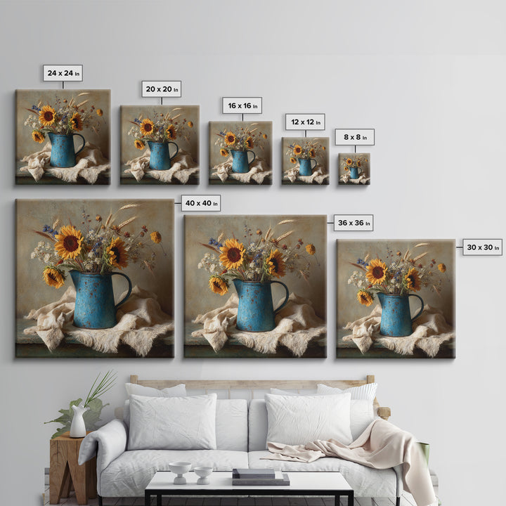 Sunflowers in a Blue Enamel Pitcher Framed Canvas Print, Country Art, Digital Wall Art, Farmhouse Decor, Fine Art, Country, COU-1x1-56