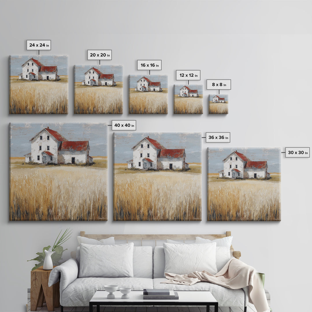 White Farmhouse Surrounded by Tall Grass Framed Canvas Print, Country Art, French Country, Farmhouse Decor, Watercolor Art, COU-1x1-58