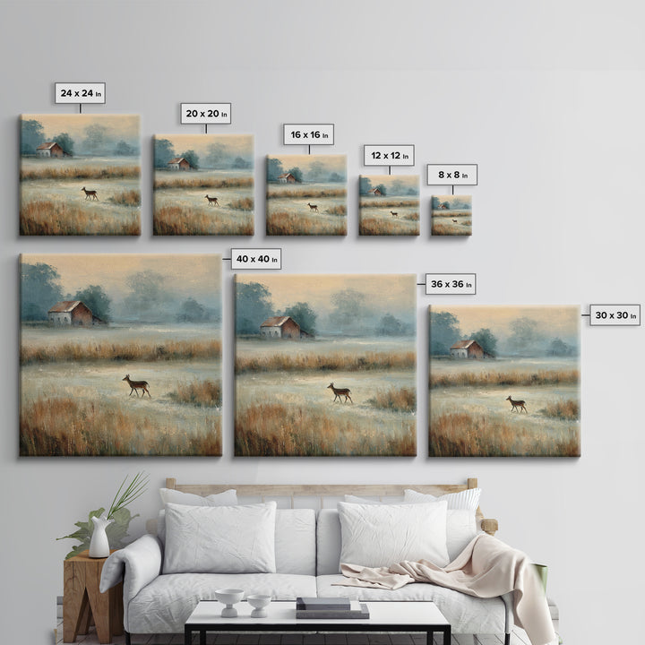 Deer Crossing a Misty Morning Field Canvas Print, Country Art, Landscape Wall Art, Farmhouse Decor, Fine Art, Country, COU-1x1-59