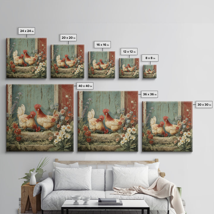 Chickens Pecking Near Garden Flowers Framed Canvas Print, Country Art, Farmhouse Wall Art, Farmhouse Decor, Fine Art, Country, COU-1x1-62