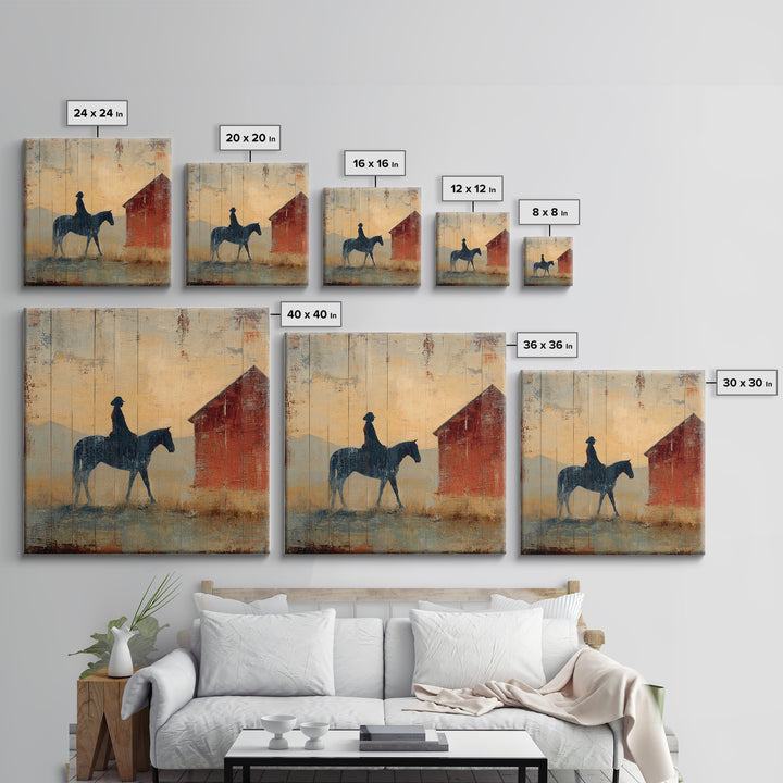 Horse and Rider Silhouette at Dusk Framed Canvas Print, Country Art, Gallery Decor, Farmhouse Decor, Fine Art, Country, COU-1x1-65