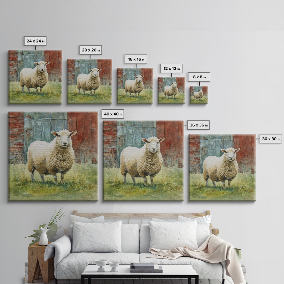 Watercolor Sheep in a Green Pasture Framed Canvas Print, Country Art, French Country, Farmhouse Decor, Fine Art, Country, COU-1x1-71