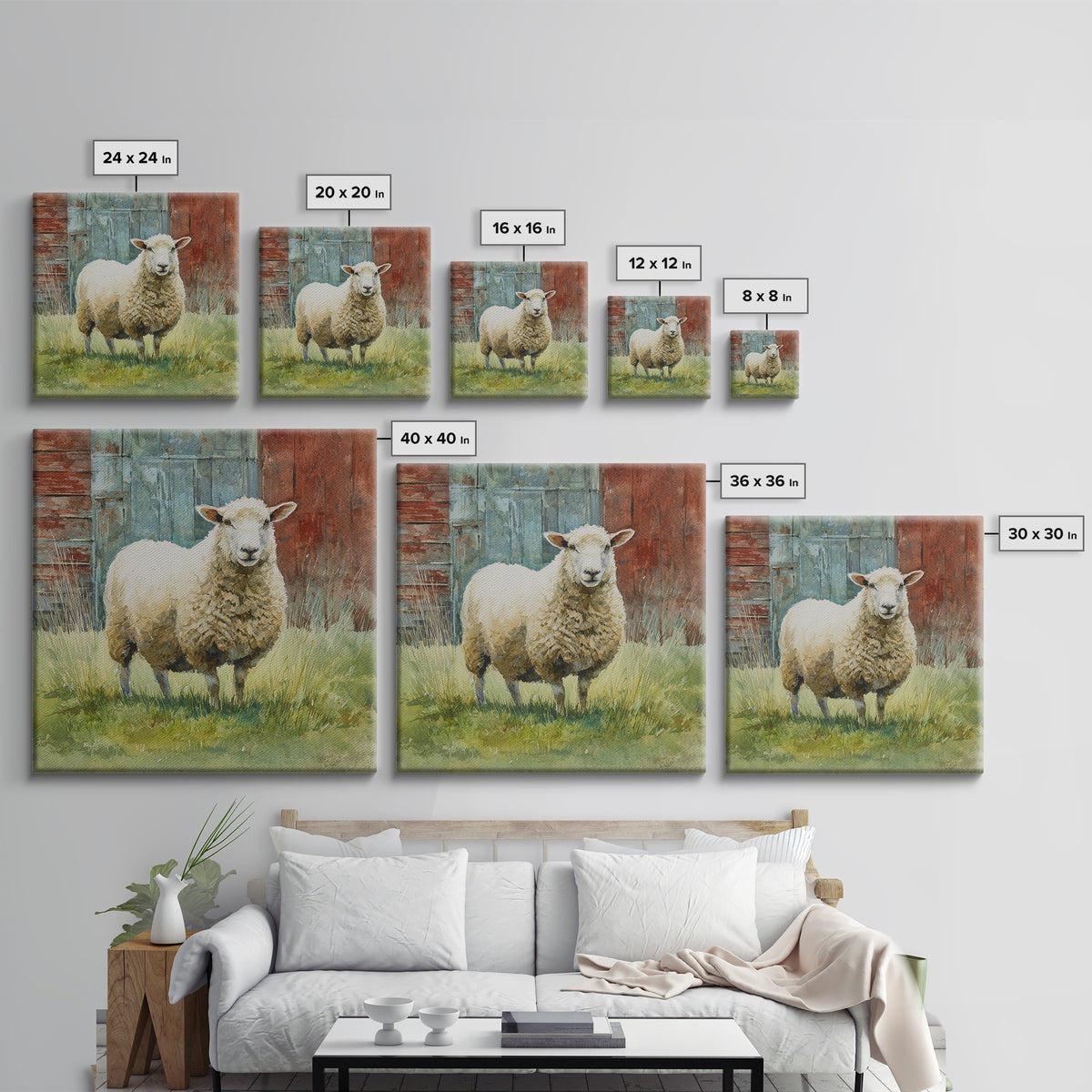 Watercolor Sheep in a Green Pasture Framed Canvas Print, Country Art, French Country, Farmhouse Decor, Fine Art, Country, COU-1x1-71