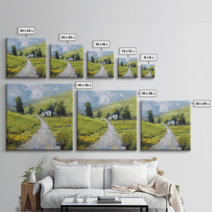 Country Road Disappearing into Green Hills Framed Canvas Print, Country Art, Modern Decor, Farmhouse Decor, Oil Painting, COU-1x1-79