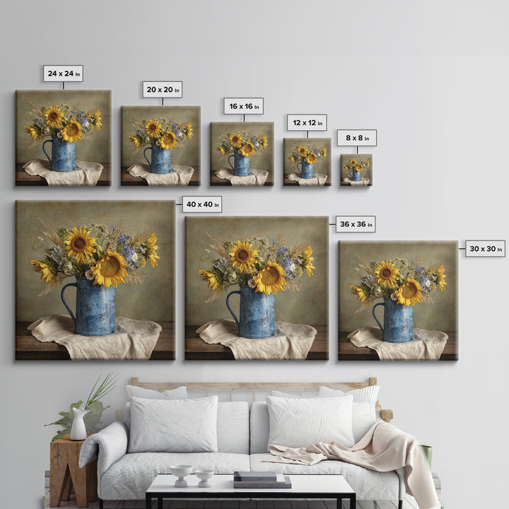 Sunflowers in a Blue Enamel Pitcher Framed Canvas Print, Country Art, Original Painting, Farmhouse Decor, Oil Painting, Country, COU-1x1-8