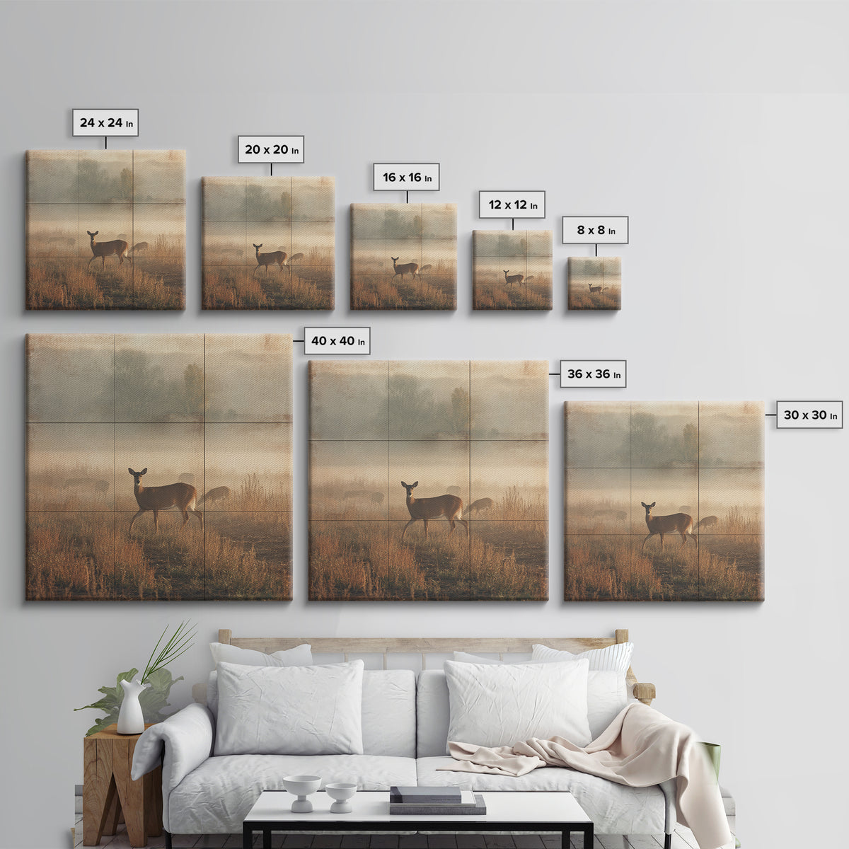 Deer Crossing a Misty Morning Field Framed Canvas Print, Country Art, Fine Art Print, Farmhouse Decor, Fine Art, Country, COU-1x1-83