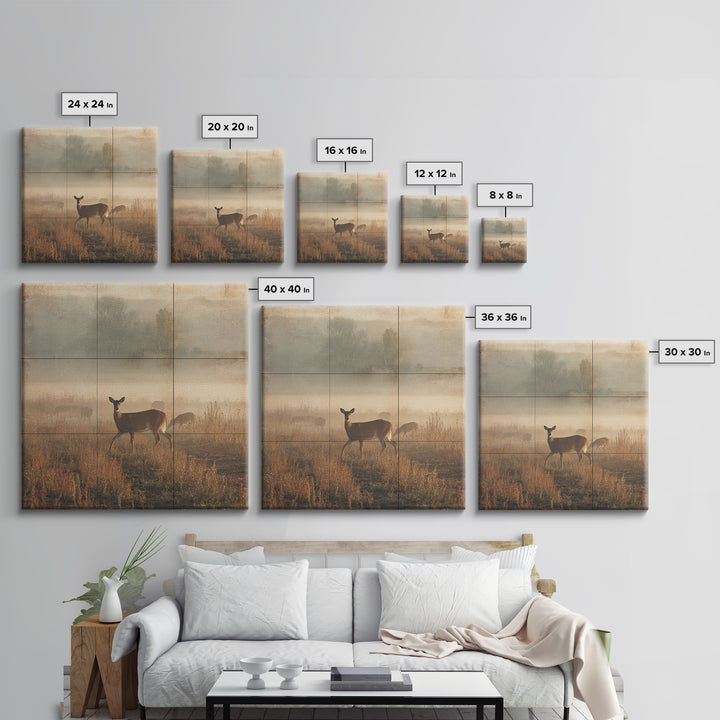 Deer Crossing a Misty Morning Field Framed Canvas Print, Country Art, Fine Art Print, Farmhouse Decor, Fine Art, Country, COU-1x1-83