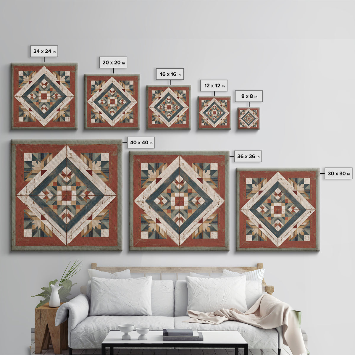 Quilt Geometric Folk Pattern Framed Canvas Print, Country Art, French Country, Farmhouse Decor, Fine Art, Country, Luxury Decor, COU-1x1-84