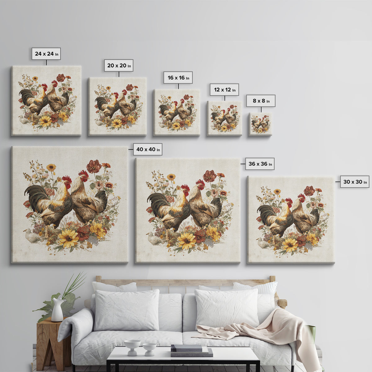Chickens Pecking Near Garden Flowers Canvas Print, Country Art, Neutral Decor, Farmhouse Decor, Oil Painting, Country, COU-1x1-86