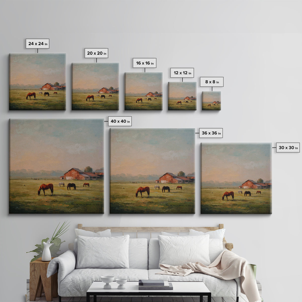 Rolling Pasture with Grazing Horses at Sunrise Canvas Print, Country Art, Wall Art, Farmhouse Decor, Oil Painting, Country, COU-1x1-97