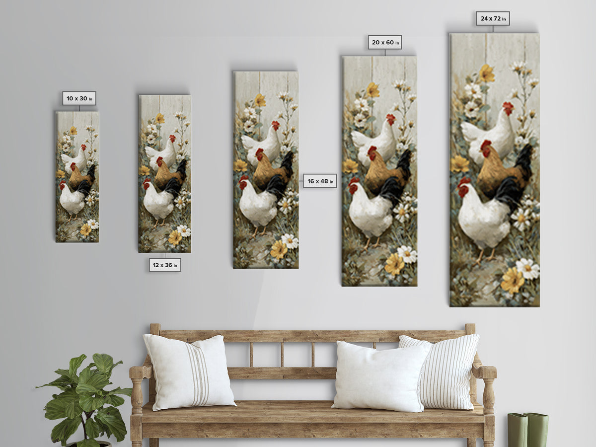 Chickens Pecking Near Garden Flowers Canvas Print, Country Art, Landscape Painting, Farmhouse Decor, Watercolor Art, Country, COU-1x3-26