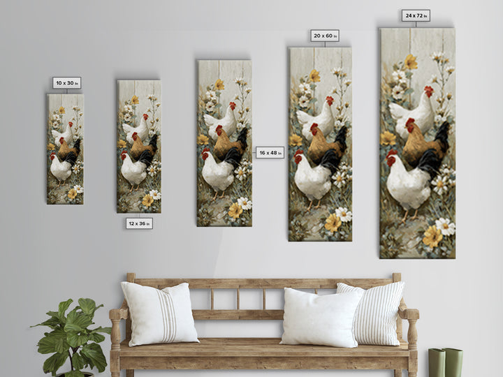 Chickens Pecking Near Garden Flowers Canvas Print, Country Art, Landscape Painting, Farmhouse Decor, Watercolor Art, Country, COU-1x3-26