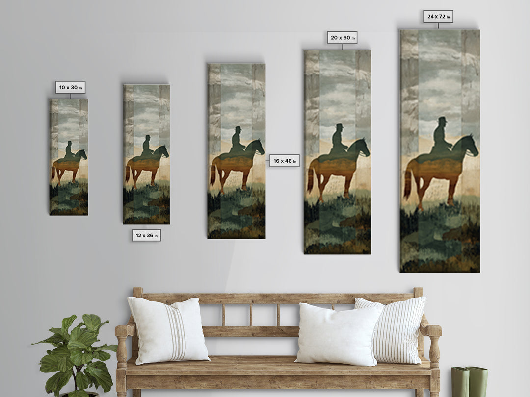 Horse and Rider Silhouette at Dusk Framed Canvas Print, Country Art, Neutral Decor, Farmhouse Decor, Fine Art, Country, COU-1x3-29