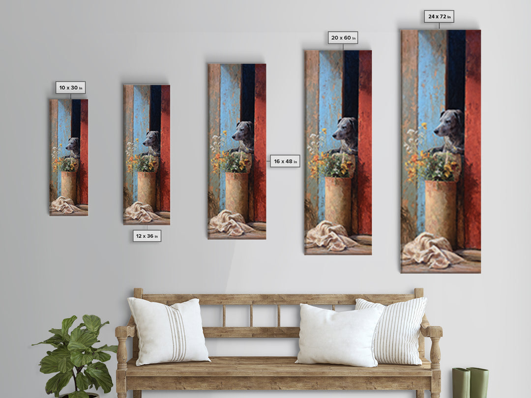 Dog Resting Beside a Porch Flower Pot Framed Canvas Print, Country Art, French Country Decor, Farmhouse Decor, Country, COU-1x3-34