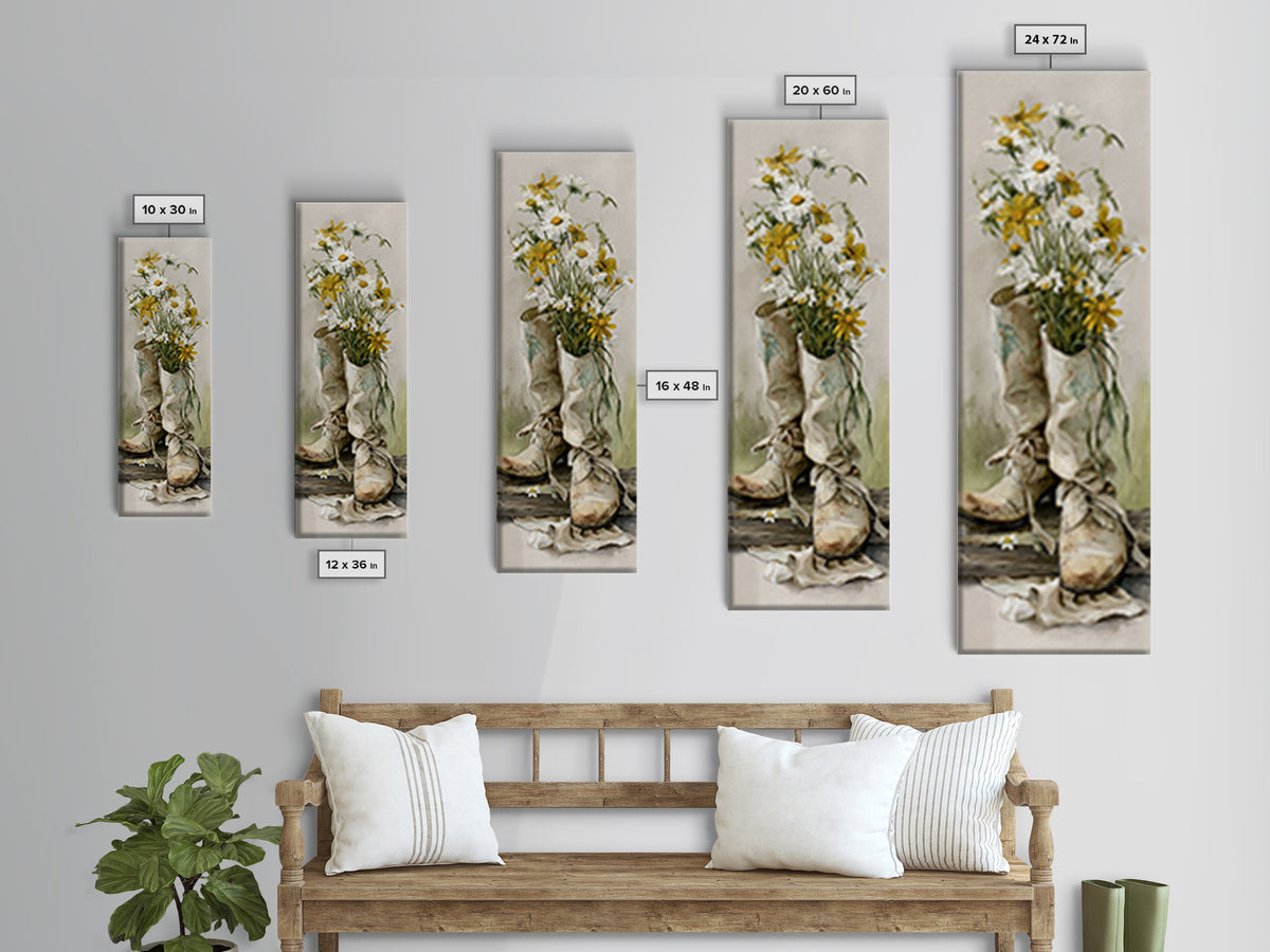 Weathered Boots with Wildflowers Tucked Inside Framed Canvas Print, Country Art, Modern Decor, Farmhouse Decor, Oil Painting, COU-1x3-4