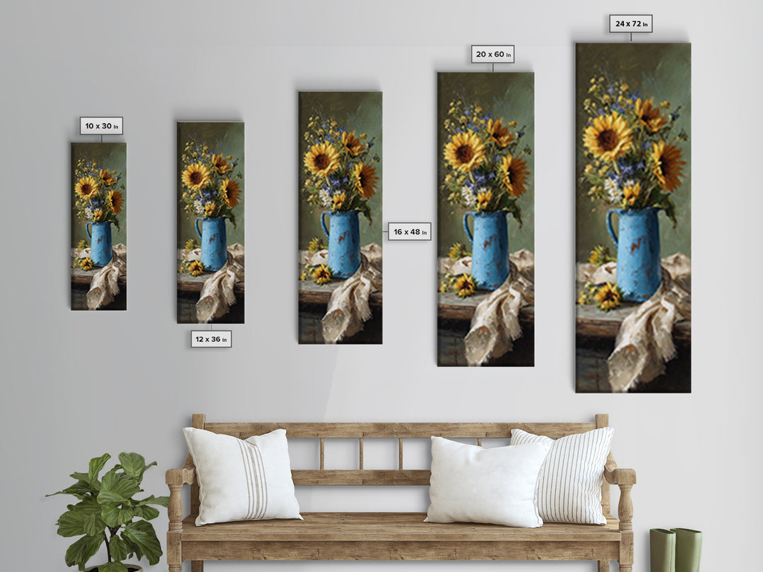 Sunflowers in a Blue Enamel Pitcher Canvas Print, Country Art, Contemporary Art, Farmhouse Decor, Oil Painting, Country, COU-1x3-44