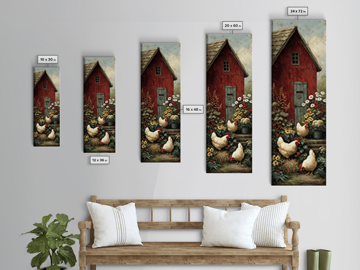 Chickens Pecking Near Garden Flowers Framed Canvas Print, Country Art, Landscape Wall Art, Farmhouse Decor, Watercolor Art, COU-1x3-50