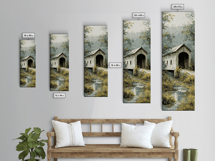 Covered Bridge over a Quiet Creek Canvas Print, Country Art, Farmhouse Decor, Abstract Art, Country, Gallery Wall Art, COU-1x3-51
