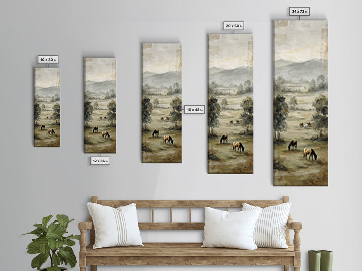 Rolling Pasture with Grazing Horses at Sunrise Framed Canvas Print, Country Art, Textured Painting, Farmhouse Decor, Country, COU-1x3-61