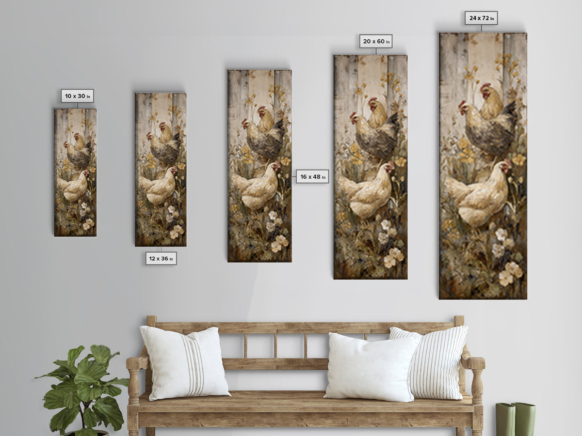 Chickens Pecking Near Garden Flowers Framed Canvas Print, Country Art, Landscape Wall Art, Farmhouse Decor, Watercolor Art, COU-1x3-74