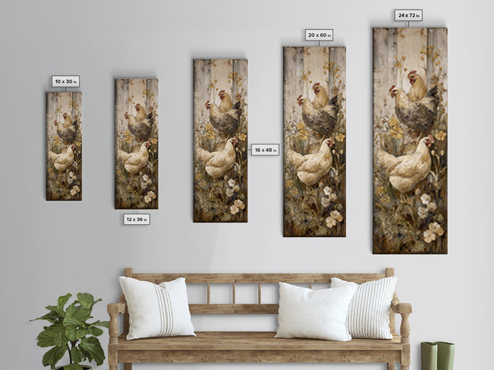 Chickens Pecking Near Garden Flowers Framed Canvas Print, Country Art, Landscape Wall Art, Farmhouse Decor, Watercolor Art, COU-1x3-74