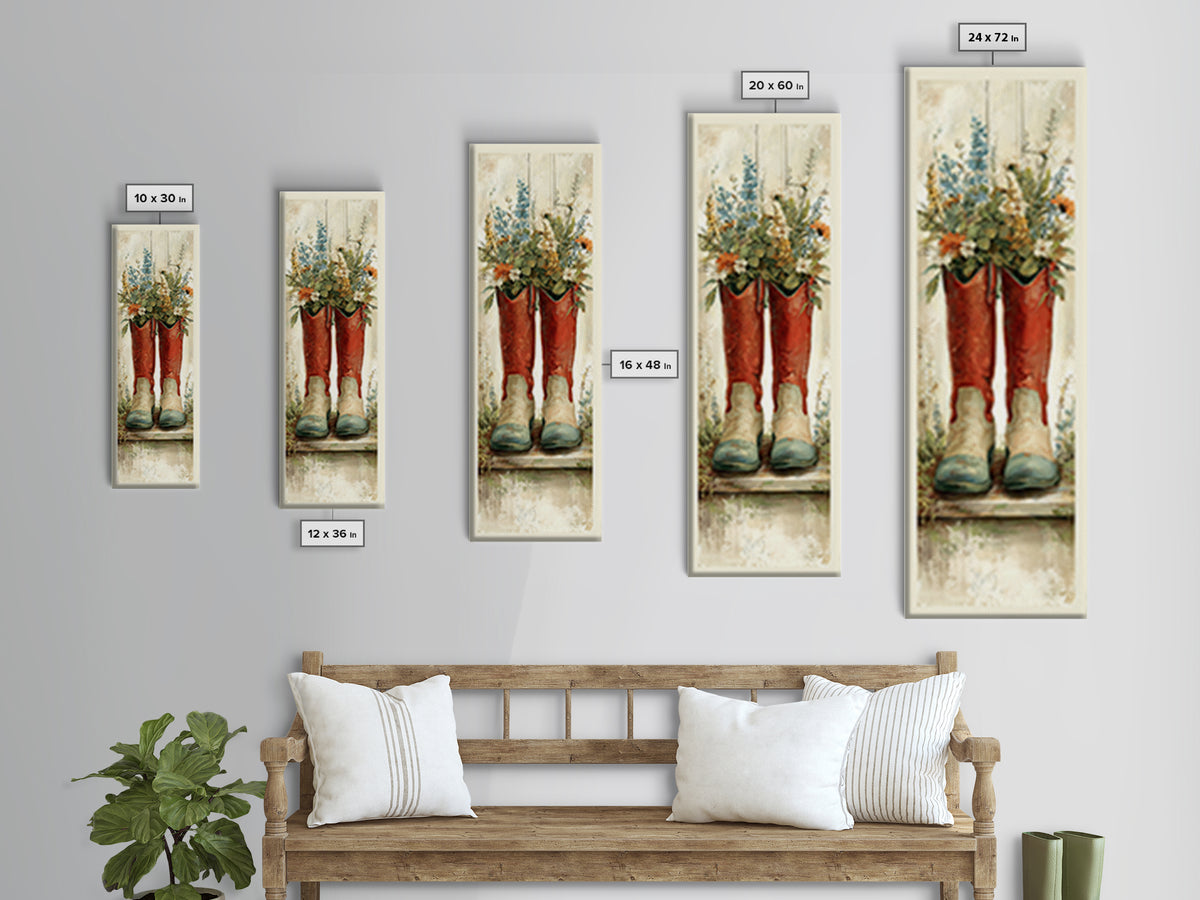Weathered Boots with Wildflowers Tucked Inside Framed Canvas Print, Country Art, Digital Print, Farmhouse Decor, Country, COU-1x3-76