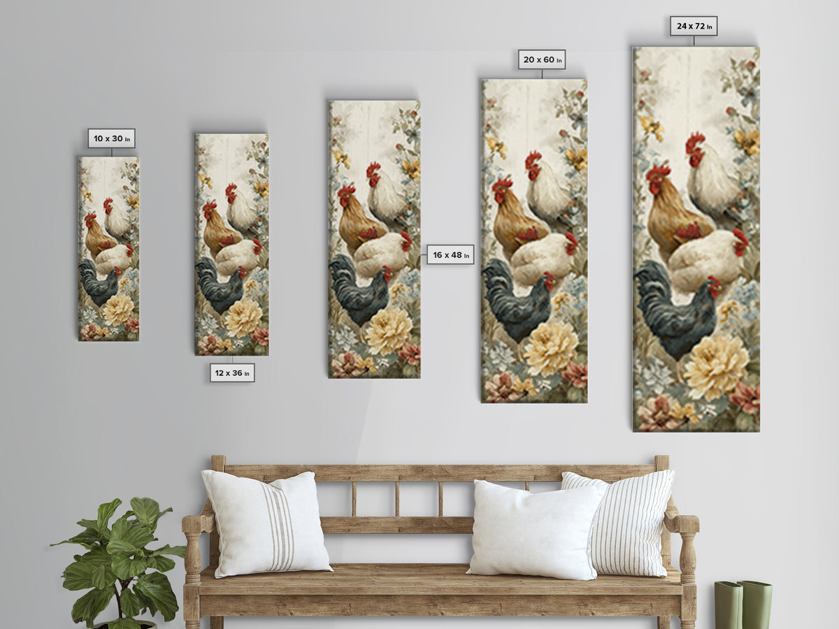 Chickens Pecking Near Garden Flowers Canvas Print, Country Art, Fine Art Print, Farmhouse Decor, Country, Digital Prints, COU-1x3-98