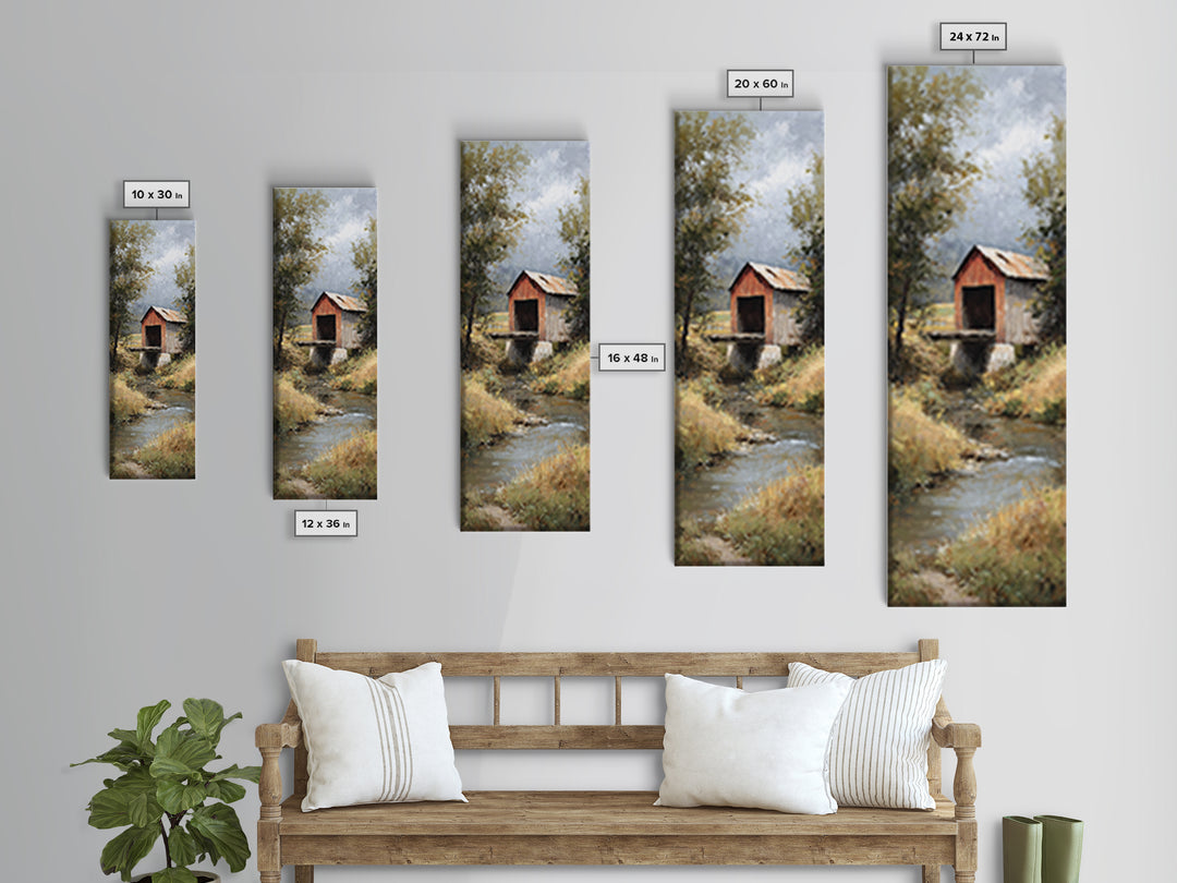 Covered Bridge over a Quiet Creek Canvas Print, Country Art, Farmhouse Wall Art, Farmhouse Decor, Watercolor Art, Country, COU-1x3-99