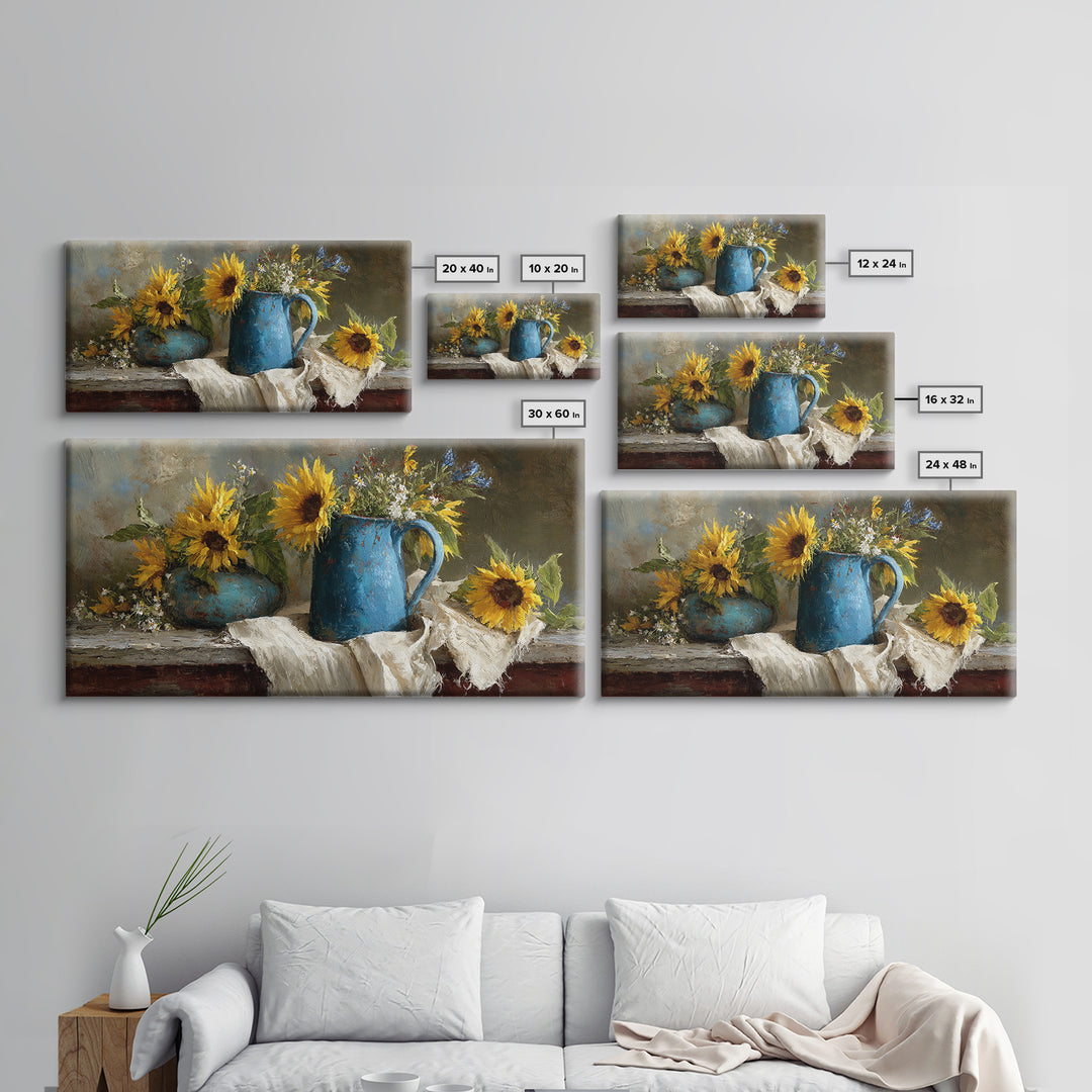 Sunflowers in a Blue Enamel Pitcher Framed Canvas Print, Country Art, Digital Art Prints, Farmhouse Decor, Oil Painting, COU-2x1-100