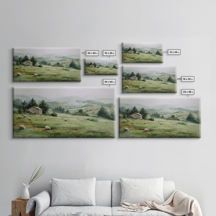 Watercolor Sheep in a Green Pasture Framed Canvas Print, Country Art, French Country, Farmhouse Decor, Fine Art, Country, COU-2x1-19