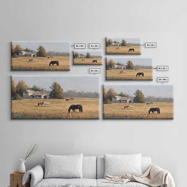 Rolling Pasture with Grazing Horses at Sunrise Canvas Print, Country Art, Wall Art, Farmhouse Decor, Oil Painting, Country, COU-2x1-21