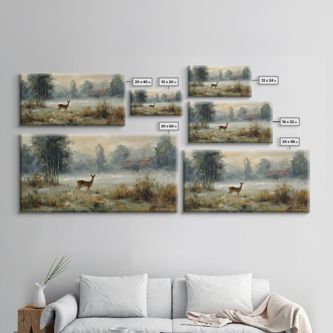 Deer Crossing a Misty Morning Field Canvas Print, Country Art, Original Painting, Farmhouse Decor, Fine Art, Country, COU-2x1-31