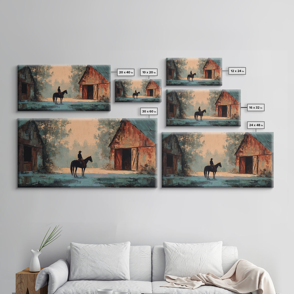 Horse and Rider Silhouette at Dusk Framed Canvas Print, Country Art, Minimalist Decor, Farmhouse Decor, Fine Art, Country, COU-2x1-37