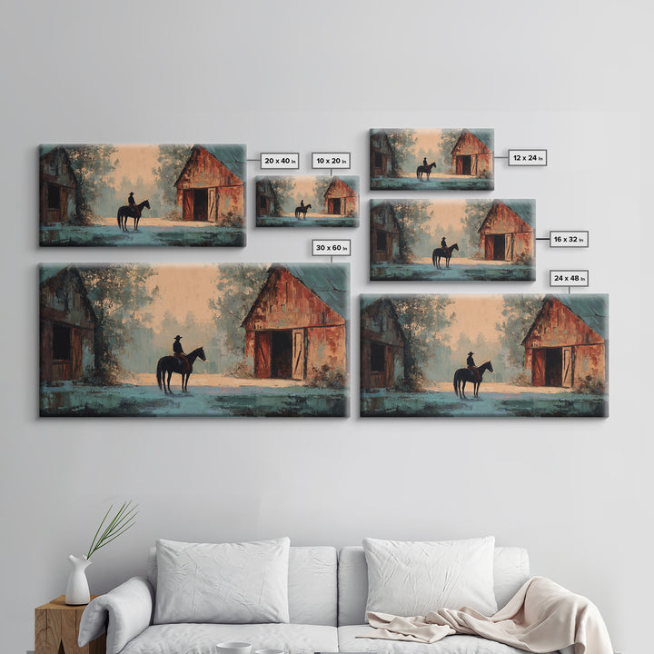 Horse and Rider Silhouette at Dusk Framed Canvas Print, Country Art, Minimalist Decor, Farmhouse Decor, Fine Art, Country, COU-2x1-37