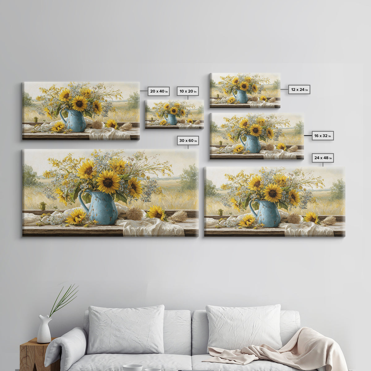 Sunflowers in a Blue Enamel Pitcher Canvas Print, Country Art, Boho Decor, Farmhouse Decor, Oil Painting, Country, Art Prints, COU-2x1-4