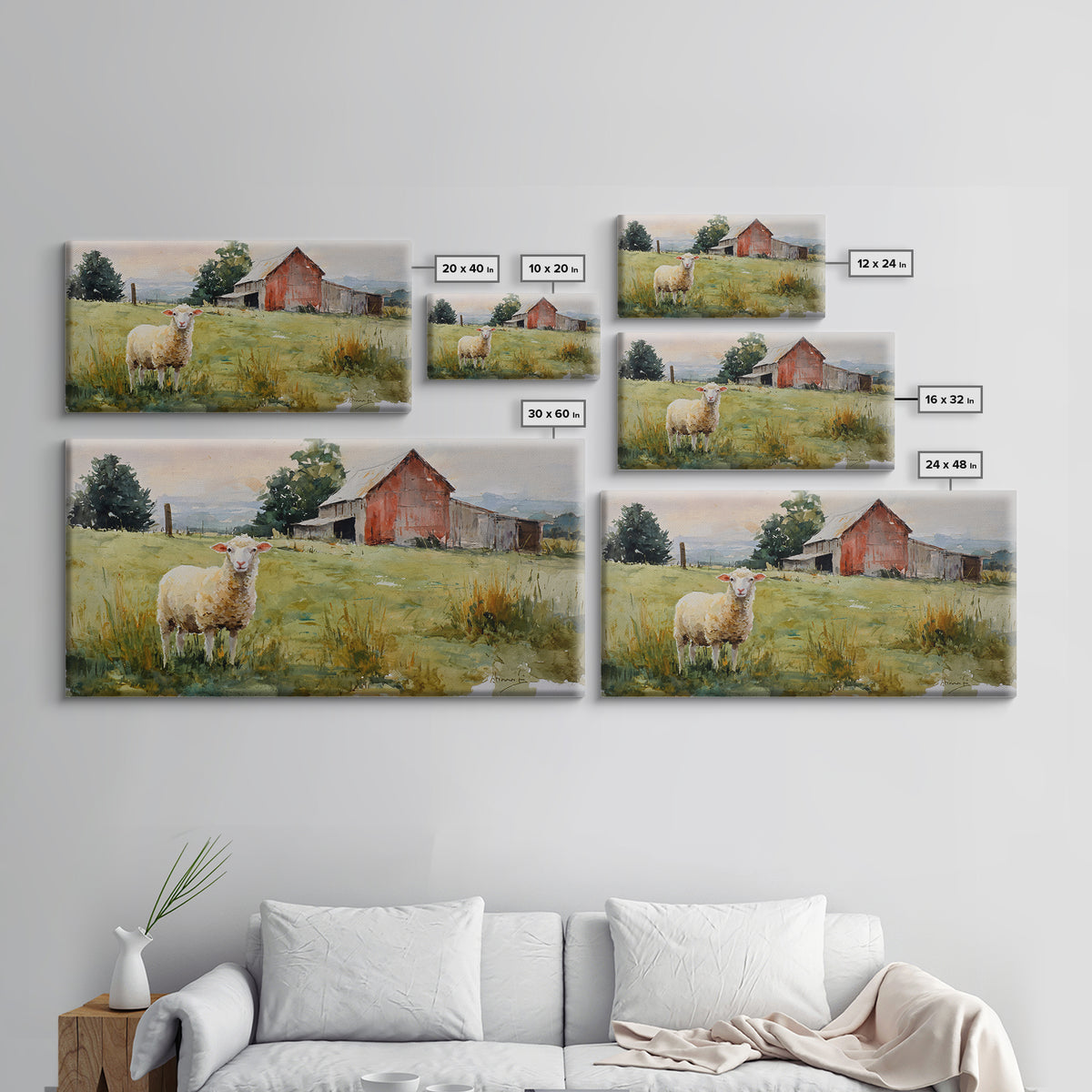 Watercolor Sheep in a Green Pasture Framed Canvas Print, Country Art, Art Prints, Farmhouse Decor, Fine Art, Country, COU-2x1-43