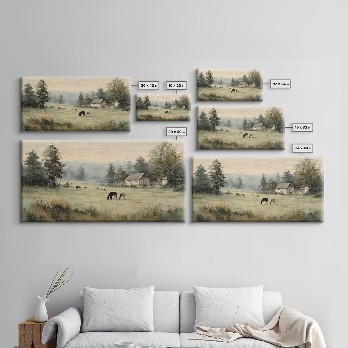 Rolling Pasture with Grazing Horses at Sunrise Framed Canvas Print, Country Art, Art Print, Farmhouse Decor, Fine Art, Country, COU-2x1-45