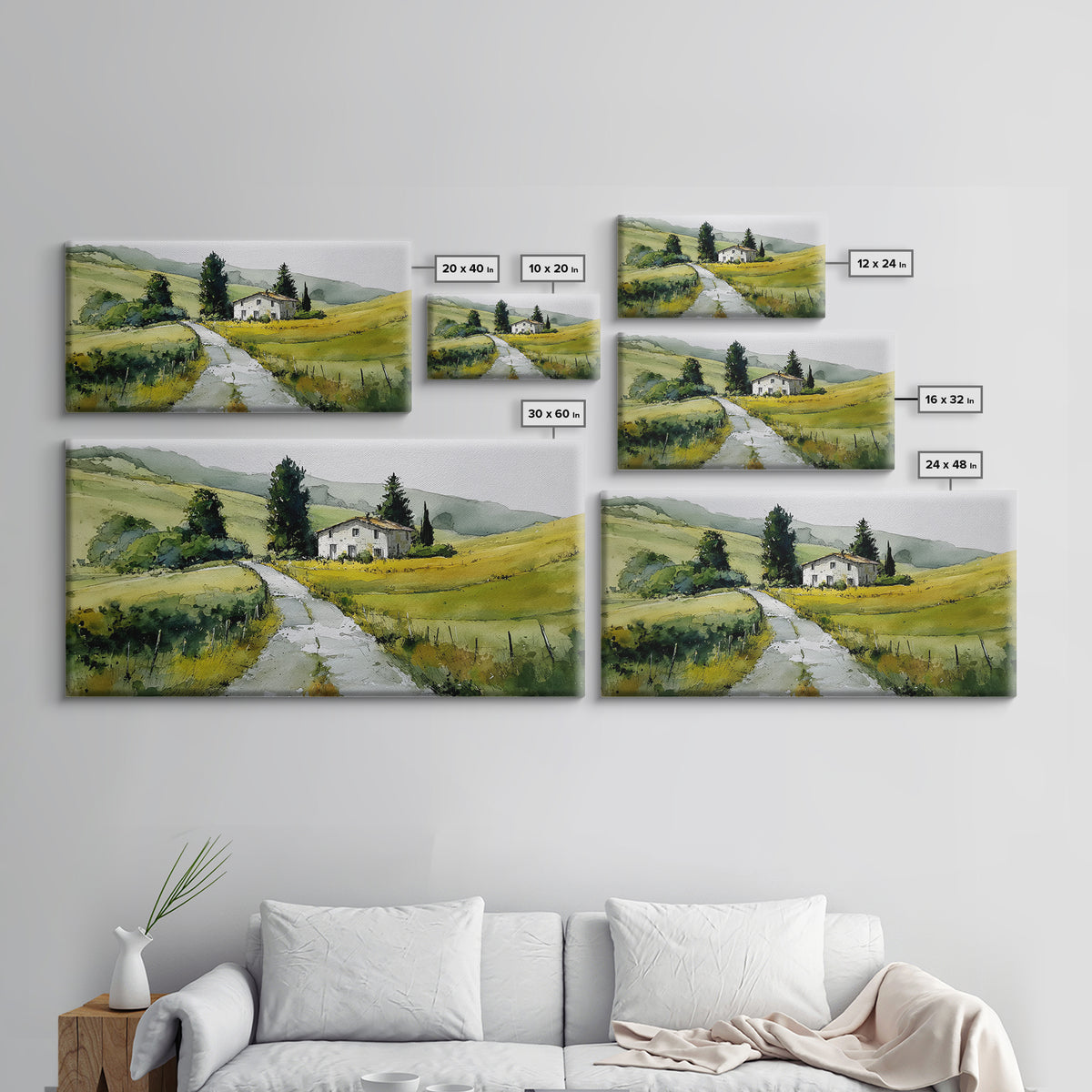 Country Road Disappearing into Green Hills Framed Canvas Print, Country Art, Farmhouse Decor, Watercolor Art, Country, COU-2x1-51
