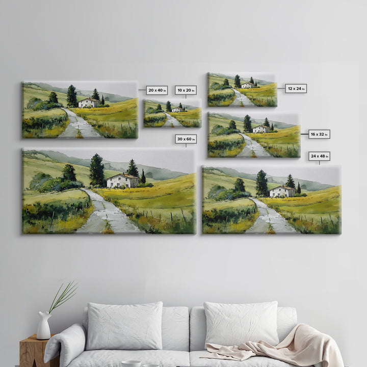 Country Road Disappearing into Green Hills Framed Canvas Print, Country Art, Farmhouse Decor, Watercolor Art, Country, COU-2x1-51