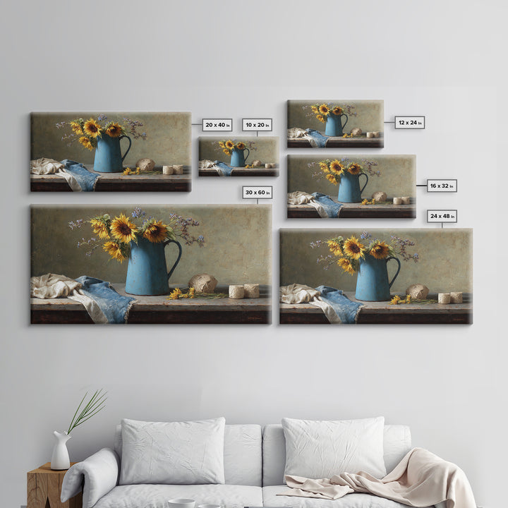 Sunflowers in a Blue Enamel Pitcher Canvas Print, Country Art, Digital Prints, Farmhouse Decor, Watercolor Art, Country, COU-2x1-52
