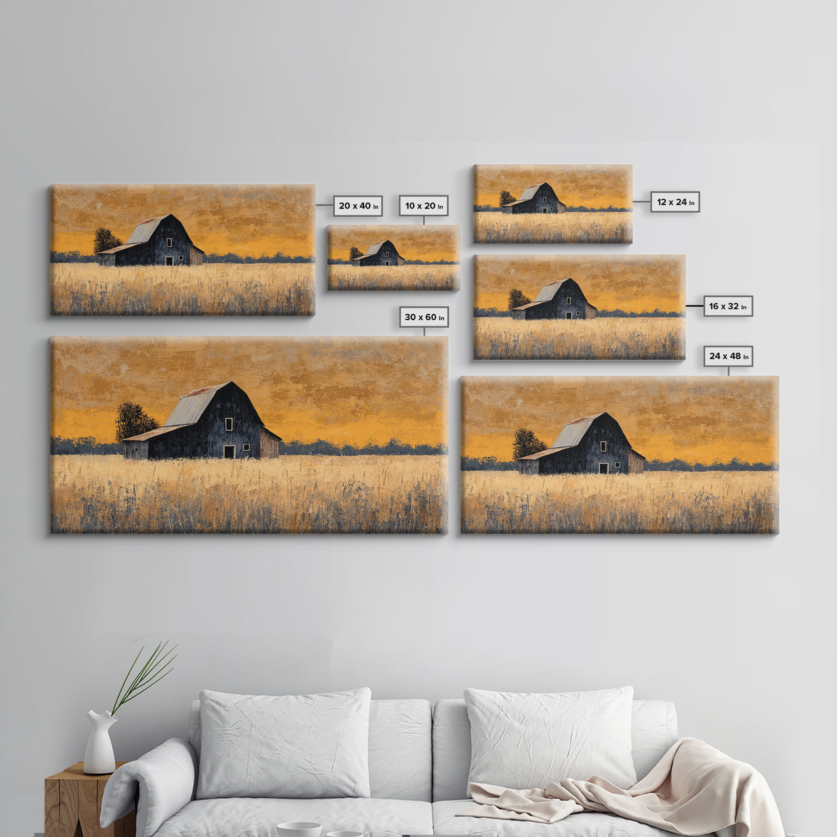 Rustic Barn Silhouette Canvas Print, Country Art, Landscape Painting, Farmhouse Decor, Abstract Art, Country, Statement Artwork, COU-2x1-71