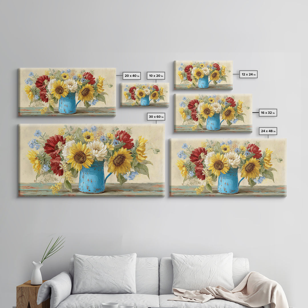Sunflowers in a Blue Enamel Pitcher Canvas Print, Country Art, Farmhouse Decor, Country, Gallery Wall Art, Landscape Wall Art, COU-2x1-76