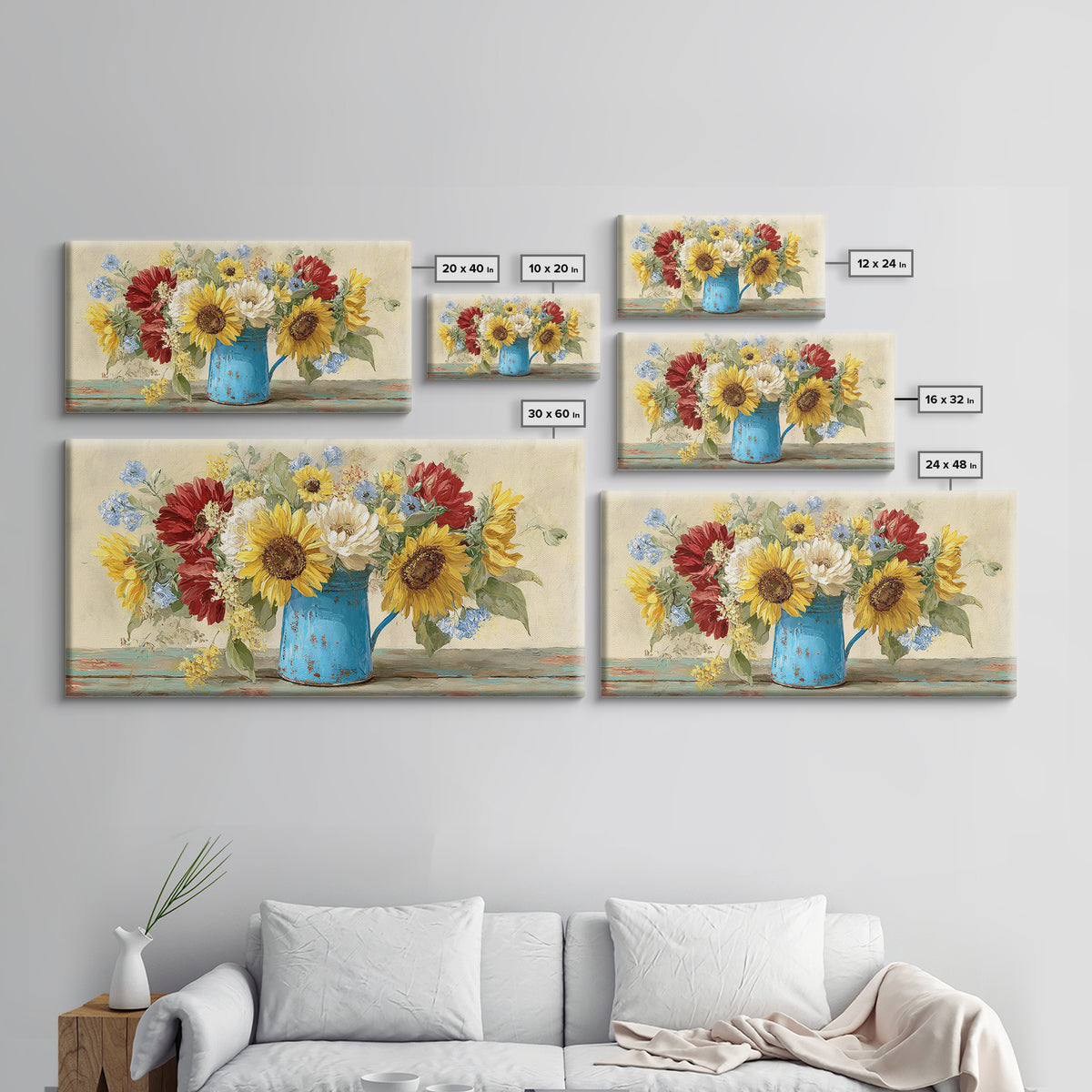 Sunflowers in a Blue Enamel Pitcher Canvas Print, Country Art, Farmhouse Decor, Country, Gallery Wall Art, Landscape Wall Art, COU-2x1-76