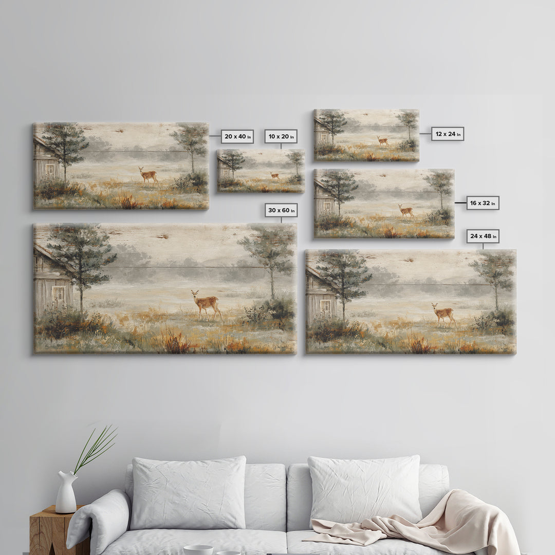 Deer Crossing a Misty Morning Field Framed Canvas Print, Country Art, French Country Decor, Farmhouse Decor, Fine Art, Country, COU-2x1-79