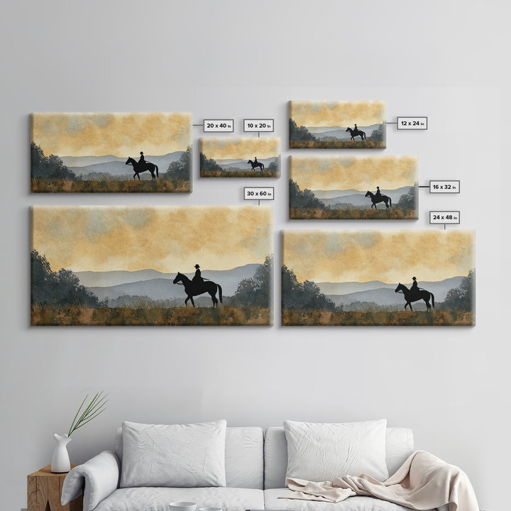 Horse and Rider Silhouette at Dusk Framed Canvas Print, Country Art, Digital Wall Art, Farmhouse Decor, Fine Art, Country, COU-2x1-85
