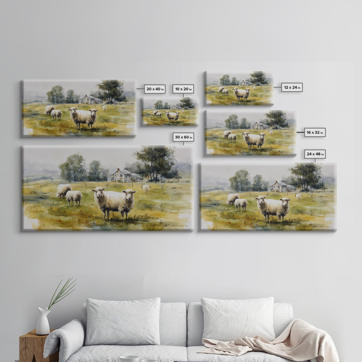 Watercolor Sheep in a Green Pasture Framed Canvas Print, Country Art, Printable Wall Art, Farmhouse Decor, Fine Art, Country, COU-2x1-91