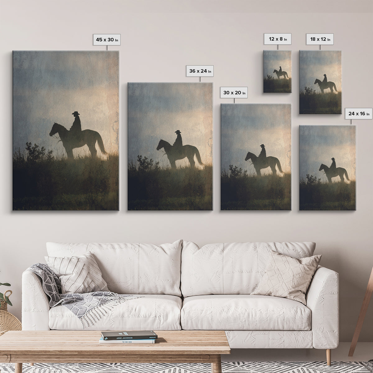 Horse and Rider Silhouette at Dusk Framed Canvas Print, Country Art, Wall Art, Farmhouse Decor, Fine Art, Country, COU-2x3-1